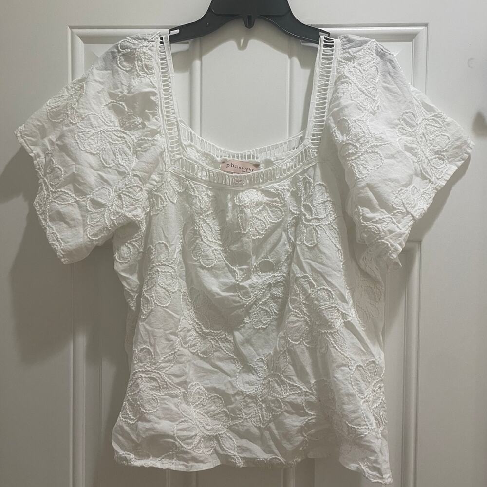 Women’s White Size XL Philosophy Floral Embroidered Cotton Puff Sleeve Blouse
